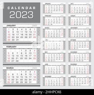 Kalender 2023. Wall Quartalskalender mit Wochenzahlen. Woche ab Sonntag. Druckfertig, Farbe: Schwarz, Rot, Silber. Vektorgrafik Stock Vektor