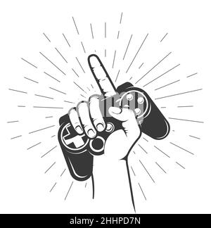 Gamepad in Gamer Hand mit Zeigefinger Geste, Retro-Game-Controller oder Joystick in der Hand gedrückt, Vektor palmed Stock Vektor