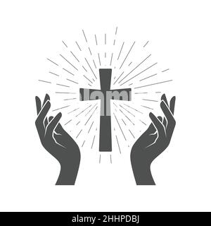 Gebet Symbol, leuchtendes Kruzifix und Hände des Gläubigen, heilige Kreuzverehrung, Vektor Stock Vektor