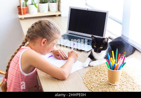 Kaukasisches nettes Schulmädchen, das Hausaufgaben zu Hause macht, im Notizbuch schreibt oder zeichnet, neben dem Laptop, schwarze und weiße Katze, die in der Nähe liegt. Gemütlicher Arbeitsplatz durch Stockfoto