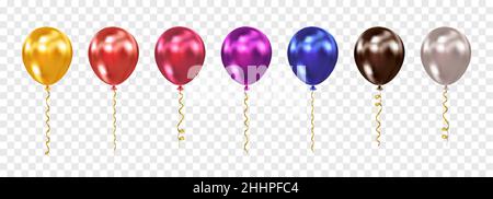 Realistisches Metallic-Ballon-Set isoliert auf transparentem Hintergrund. Fliegen glänzende metallische Helium Luftballons für Geburtstag, Veranstaltung, Party, feiern Stock Vektor