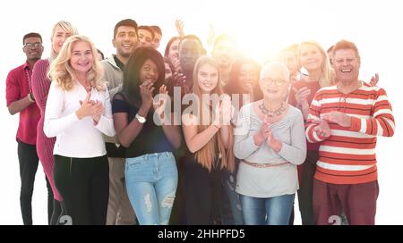 Applaudierende Gruppe von internationalen Menschen zusammen stehen Stockfoto