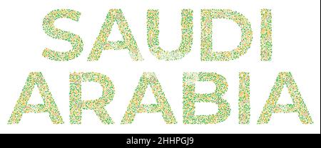 Wörter Saudi-Arabien – Name des Landes, in arabischen Ornamenten im orientalischen Stil auf einem weißen. Schriftzug mit ethnischem Ornament. Konzept für Beschriftungstext Stock Vektor