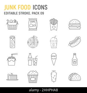 Junk-Food-Linien-Symbolsatz, Sammlung von Fast-Food-Produkten, Vektorgrafiken, Logo-Illustrationen, Junk-Food-Vektorsymbole, ungesunde Essensschilder, skizzieren Piktogramme, bearbeitbarer Strich Stock Vektor