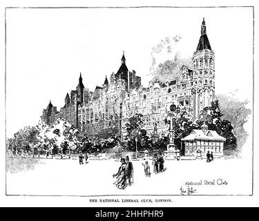 Black and White Illustration; The National Liberal Club, London, um 1885, gegründet von William Ewart Gladstone im Jahr 1882 Stockfoto