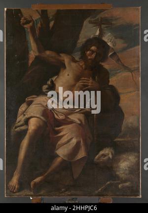 Der heilige Johannes der Täufer predigte Ca. 1650 Mattia Preti (Il Cavalier Calabrese) der italienische Heilige Johannes der Täufer wird in der Wüste sitzend gezeigt und fordert den Betrachter zur Buße auf, seine rechte Hand zeigt nach oben, seine Haut ist durch Jahre in der Wüste gebräunt. Das Lamm steht für Christus, das "Lamm Gottes".Preti, einer der Protagonisten der Barockmalerei, arbeitete in Rom, Modena und Neapel, bevor er nach Malta zog, wo er zum Ritter erhoben wurde und den Rest seiner Karriere verbrachte. Die expressive Intensität und die kühn skulpturale Konzeption des Heiligen Johannes verbinden ihn mit Pretis Fresken in der Stockfoto