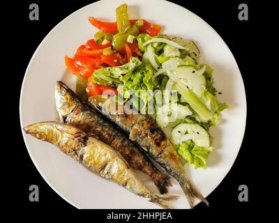 Isolierte Sicht auf übertlattes Essen, gesundes Fischgericht, typisches Gericht der portugiesischen regionalen Küche mit gegrillten Sardinen mit Salat: Rote Paprika, grüner Pfeffer Stockfoto