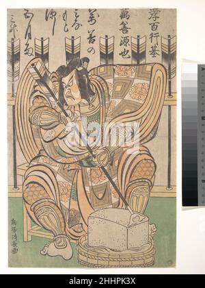 Ichikawa Danjūrō II in der Rolle von Soga Gorō aus dem Theaterstück 'Yanone' ca. 1790 Torii Kiyonaga Japanisch die Torii-Schule dominierte im 18. Jahrhundert die Produktion von Grafiken von Kabuki-Schauspielern. Der vierte Großmeister der Torii-Schule, Kiyonaga, kopierte dieses Bild aus einem Druck von Torii Kiyonobu II. (1706–1763). Das Gedicht oben auf dem Druck wurde von Danjūrō V, einem Zeitgenossen von Kiyonaga, eingeschrieben. Wie hier gezeigt, spielt Danjūrō II (1688–1758) die Rolle des Soga Gorō, eine Darstellung, die ihn als umherziehenden Aragotoschauspieler zum Superstar machte. Der Druck fängt den dramatischen Moment ein, als Soga Gorō, s Stockfoto