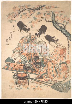 Parodie der Palastdiener Heizen von Sake über einem Feuer von Ahornblättern Ca. 1750 Okumura Masanobu Japanisch in einer Szene der Geschichte der Heike passiert Kaiser Takakura auf Diener, die Ahornblätter hochgefegt haben, um ein Feuer zu machen, um Sake zu erhitzen. Der Kaiser bemerkt, dass sie sich eines Gedichts des Tang-Dichters Bo Juyi bewusst zu sein scheinen, das auf eine solche Szene anspielt. In dieser Parodie auf die Episode spielt einer der Diener ein dreisairiges Shamisen, das anachronistisch ist, da das Instrument erst im 17. Jahrhundert in Japan verwendet wurde. Neben der Szene hat der Künstler einen Hokku (siebzehn Silben) hinzugefügt Stockfoto