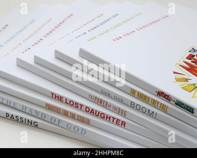 Los Angeles, CA / USA - 21. Januar 2022: DVD-Hüllen für 2021 Netflix-Veröffentlichungen werden während der jährlichen Kampagne für die Auszeichnungen für Ihre Überlegung angezeigt. Stockfoto