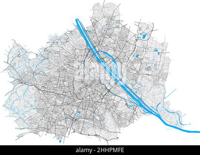 Wien, Österreich hochauflösende Vektorkarte mit Stadtgrenzen und editierbaren Pfaden. Weiße Umrisse für Hauptstraßen. Viele detaillierte Pfade. Blau formt ein Stock Vektor