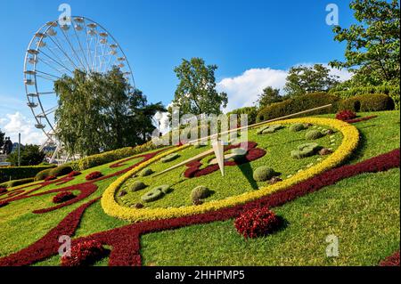 Berühmte Blumenuhr und Riesenrad in Genf Stockfoto