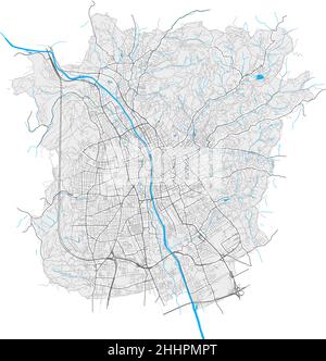 Graz, Steiermark, Österreich hochauflösende Vektorkarte mit Stadtgrenzen und editierbaren Pfaden. Weiße Umrisse für Hauptstraßen. Viele detaillierte Pfade. Blauer Sha Stock Vektor