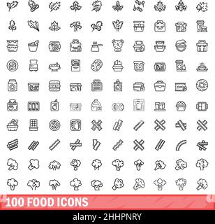 100 Symbole für Lebensmittel eingestellt. Skizzieren Sie die Darstellung von 100 Vektorbildern für Lebensmittel, die isoliert auf weißem Hintergrund gesetzt wurden Stock Vektor