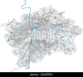 Prag, Prag, Tschechien hochauflösende Vektorkarte mit Stadtgrenzen und bearbeitbaren Pfaden. Weiße Umrisse für Hauptstraßen. Viele detaillierte Pfade. Blaue s Stock Vektor