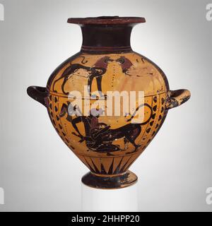 Terrakotta-Hydria (Wasserbehälter) 2nd Viertel des 6th. Jahrhunderts B.C. Griechisch, Dachboden am Körper, Herakles und der Nemean Löwe. Auf der Schulter, Löwen.die Form der Hydria, wie die Hals-Amphore, neigte zur Rotundität während des zweiten Viertels des sechsten Jahrhunderts B.C.. Terrakotta-Hydria (Wasserbehälter) 240918 Stockfoto