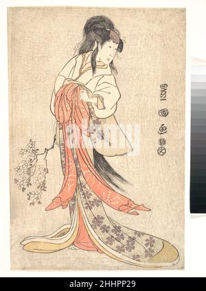 Kabuki Darsteller Segawa Kikunojō III in einer verrückten Frauenrolle 1798 (Kansei 9) Utagawa Toyokuni I der Japaner Toyokuni porträtierte diesen Schauspieler in einer anmutigen C-Kurve. Der schlichte Hintergrund betont die markante Form des weiblichen Charakters, dessen Haare und lange Schärpe in dramatischer Bewegung starke Emotionen hervorrufen, obwohl Charakter und Drama nicht eindeutig identifiziert werden. Kabuki Darsteller Segawa Kikunojō III in einer verrückten Frauenrolle 55640 Stockfoto