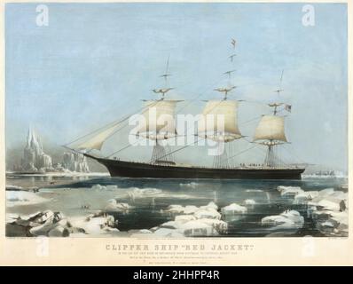 Clipper Ship 'Red Jacket' – im Eis vor Kap Horn, auf ihrer Passage von Australien nach Liverpool, August 1854 1855 Charles Parsons 'Red Jacket' zählt zu den größten und schnellsten amerikanischen Klipper-Schiffen, die je gebaut wurden. Es wurde von George Thomas in Rockland, Maine, gebaut und wurde im November 1853 von einem 255-Fuß-Deck des Boston-ansässigen Samuel Hartt Pook für die Besitzer Seacombe und Taylor entworfen. Der Name „Rote Jacke“ bezieht sich auf Sa Go Ye Wat Ha („der sie wach hält“), den großen Seneca-Redner und Führer, der die Briten während der amerikanischen Revolution unterstützt hatte und ihm sein britisches rotes U einbrachte Stockfoto