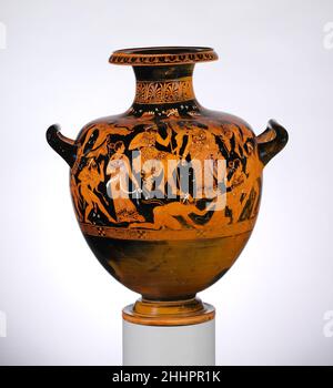 Terrakotta-Hydria: Kalpis (Wasserbehälter) Anfang 4th. Jahrhundert v. Chr. dem Meleager-Maler Poseidon und Amymone mit Amphitrit, Aphrodite, Dionysos, Satyrs und MaenadenDas Thema hier ist das gleiche wie auf der Hydria 56.171.55, und die allgemeine Zusammensetzung ist ähnlich. Interessante Unterschiede sind die größere Bedeutung von Amymone und die Anwesenheit von Amphitrit, Poseidon's Gemahlin.. Terracotta-Hydria: Kalpis (Wasserkrug) 254915 : dem Meleager-Maler zugeschrieben, Terracotta-Hydria: Kalpis (Wasserkrug), Anfang 4th Jahrhundert v. Chr., Terracotta, H. 17 3/16 Zoll (43,6 cm); Munddurchmesser 6 9/16 Stockfoto