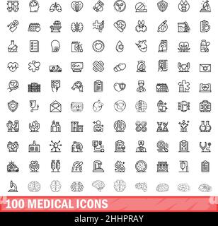 100 medizinische Symbole eingestellt. Skizzieren Sie die Darstellung von 100 medizinischen Symbolen, Vektorset isoliert auf weißem Hintergrund Stock Vektor