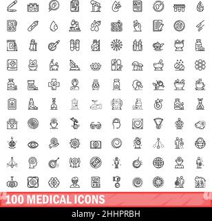 100 medizinische Symbole eingestellt. Skizzieren Sie die Darstellung von 100 medizinischen Symbolen, Vektorset isoliert auf weißem Hintergrund Stock Vektor