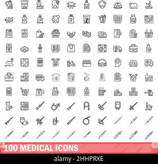 100 medizinische Symbole eingestellt. Skizzieren Sie die Darstellung von 100 medizinischen Symbolen, Vektorset isoliert auf weißem Hintergrund Stock Vektor