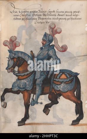Illustrierter Handschriftenbestand einer zu verkaufenden Waffenkammer der Lotterie 16th. Jahrhundert Deutsch. Illustriertes Manuskript-Inventar einer Armory zum Verkauf durch Lotterie. Deutsch. 16th Jahrhundert. Pergament. Bücher Und Handschriften Stockfoto