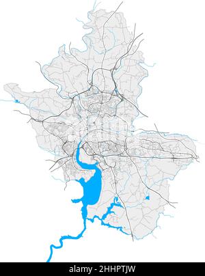 Quimper, Finistère, Frankreich hochauflösende Vektorkarte mit Stadtgrenzen und bearbeitbaren Pfaden. Weiße Umrisse für Hauptstraßen. Viele detaillierte Pfade. Blu Stock Vektor