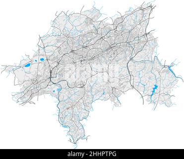 Wuppertal, Nordrhein-Westfalen, Deutschland hochauflösende Vektorkarte mit Stadtgrenzen und bearbeitbaren Pfaden. Weiße Umrisse für Hauptstraßen. Viele det Stock Vektor