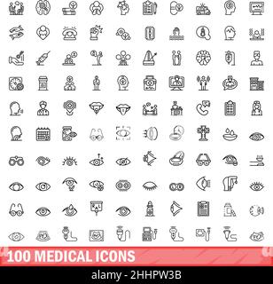 100 medizinische Symbole eingestellt. Skizzieren Sie die Darstellung von 100 medizinischen Symbolen, Vektorset isoliert auf weißem Hintergrund Stock Vektor
