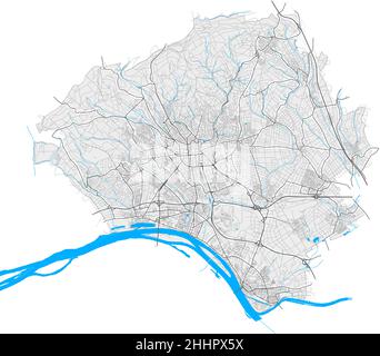 Wiesbaden, Hessen, Deutschland hochauflösende Vektorkarte mit Stadtgrenzen und editierbaren Pfaden. Weiße Umrisse für Hauptstraßen. Viele detaillierte Pfade. Blau Stock Vektor