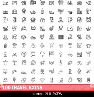 100 Reisesymbole eingestellt. Skizzieren Sie die Darstellung von 100 Vektor-Symbolen für Reisen, die isoliert auf weißem Hintergrund eingestellt sind Stock Vektor