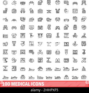 100 medizinische Symbole eingestellt. Skizzieren Sie die Darstellung von 100 medizinischen Symbolen, Vektorset isoliert auf weißem Hintergrund Stock Vektor