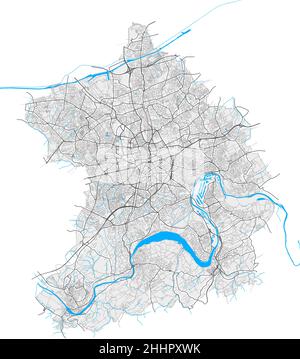 Essen, Nordrhein-Westfalen, Deutschland hochauflösende Vektorkarte mit Stadtgrenzen und bearbeitbaren Pfaden. Weiße Umrisse für Hauptstraßen. Viele Details Stock Vektor