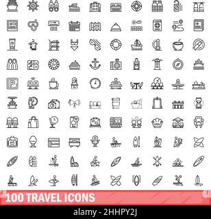 100 Reisesymbole eingestellt. Skizzieren Sie die Darstellung von 100 Vektor-Symbolen für Reisen, die isoliert auf weißem Hintergrund eingestellt sind Stock Vektor