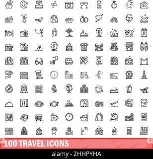 100 Reisesymbole eingestellt. Skizzieren Sie die Darstellung von 100 Vektor-Symbolen für Reisen, die isoliert auf weißem Hintergrund eingestellt sind Stock Vektor