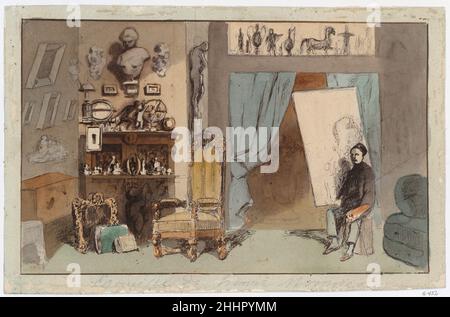 Das Atelier des Malers ca. 1855 Henry [Henri] Bonaventure Monnier Monnier untersuchte das Leben der französischen Bourgeoisie durch seine Arbeit als Karikaturist, Lithograph, Schauspieler und Schriftsteller. Als berüchtigter Schankster und Humorist schuf er satirische Porträts der Pariser Mittelschicht für populäre Alben und Zeitschriften. Diese Zeichnung ist charakteristisch für Monniers Umgang mit den Gewerken und Berufungen des Tages. Das Atelier ist überladen mit den verschiedenen Objekten, die mit der Praxis des Malers in Verbindung stehen, während der kleine Künstler mit einer Palette in der Hand vor einer frischen Leinwand sitzt. Das Atelier des Malers. Henne Stockfoto