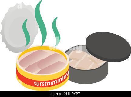 Isometrischer Vektor des schwedischen Produktsymbols. Schwedischer Snus und Dose von surrommenden Ikone. Portion Snus in Behälter, fermentierter Hering, nationales Produkt Stock Vektor