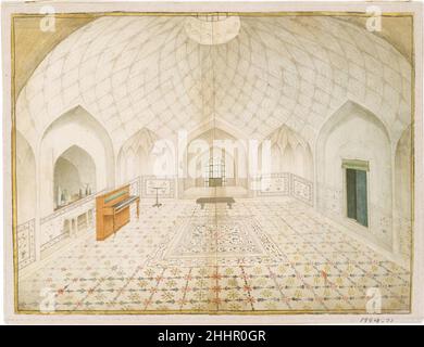 Interieur des Hammam im Red Fort, Delhi, eingerichtet nach englischem Geschmack ca. 1830–40 Es war nicht ungewöhnlich, dass die Briten des Delhi des 19. Jahrhunderts zerstörte oder verlassene Gebäude und Denkmäler von Mogul- oder Sultanat kauften, die sie dann von ihren ursprünglichen Funktionen in bewohnbare Räume umwandelten. Dieses Gemälde illustriert die Umwandlung eines Hammams (Badehauses) in ein Wohnzimmer, komplett mit einem Klavier oder Cembalo, einer Bank und einer Auswahl von Glasflaschen und anderen Objekten. Der weiße Boden mit Blumenmotiven ähnelt dem Hammam im Roten Fort in Delhi, Stockfoto