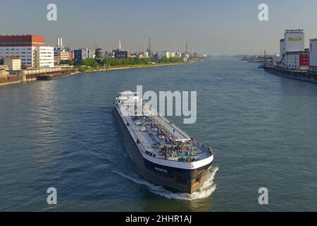 Deutschland, Baden-Württemberg, Mannheim, Bargentransport von Kohlenwasserstoffen über den Rhein zwischen Mannheim und Ludwigshafen am Rhein Stockfoto