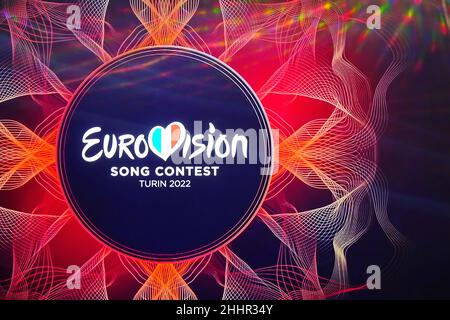 Logo des Eurovision Song Contest. Die Ausgabe 66th findet im Mai 2022 in Turin statt. Turin, Italien - Januar 2022 Stockfoto