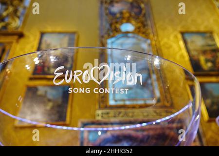 Logo des Eurovision Song Contest. Die Ausgabe 66th findet im Mai 2022 in Turin statt. Turin, Italien - Januar 2022 Stockfoto