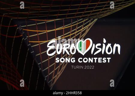 Logo des Eurovision Song Contest. Die Ausgabe 66th findet im Mai 2022 in Turin statt. Turin, Italien - Januar 2022 Stockfoto