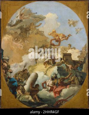 Die Apotheose der spanischen Monarchie 1760s Giovanni Battista Tiepolo Italienisch von 1762 bis zu seinem Tod arbeitete Tiepolo in Spanien für Karl III. Und dekorierte mehrere Räume im Palacio Real, Madrid. Dies ist eine von zwei Skizzen aus der Sammlung des Met für eine kleine Kammer neben dem Thronsaal. Jede zeigt eine weibliche Personifizierung Spaniens mit Löwen, die die Provinz Leon repräsentieren; eine alte Frau neben einem Schloss steht für die Provinz Kastilien; und Herkules, der traditionelle Beschützer Spaniens, wird mit einer Säule dargestellt, die Gibraltar darstellt. Die Apotheose der spanischen Monarchie 43 Stockfoto