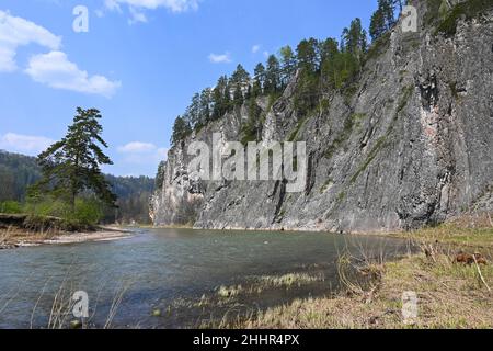 Felsen am Ufer des Zilim. Frühling im Naturpark Zilim in Bashkiria, der Uralregion Russlands. Stockfoto