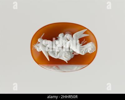 Engel, die den Leichnam der heiligen Katharina auf den Berg Sinai tragen Mitte des 19th. Jahrhunderts Luigi Saulini Italienisch dieser Cameo reproduziert eine Leinwand (Alte Nationalgalerie, Berlin), berühmt in seiner Zeit, von dem deutschen Nazarener Maler Heinrich Karl Anton Mücke (1806–1891). Es ist eines der größten und prächtigsten Stücke von Luigi Saulini. Indem er die Farben des Gemäldes auf lebendige Redorange auf Weiß reduzierte, gab er der Fluggruppe zusätzlichen Nachdruck. Der Stein wäre schwer zu tragen als Schmuck montiert und wurde wahrscheinlich gemacht, um allein in einem Fall oder Rahmen oder auf einem Ständer bewundert werden. Engel tragen den Körper der heiligen Katharina zu Mo Stockfoto