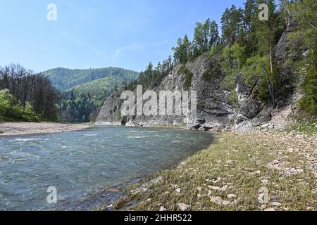 Felsen am Ufer des Zilim. Frühling im Naturpark Zilim in Bashkiria, der Uralregion Russlands. Stockfoto