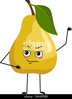 Birne Charakter mit Emotionen des Helden, tapferes Gesicht, Arme und Bein. Person mit Mut Ausdruck, Frucht Emoticon. Vektorgrafik flach Stock Vektor