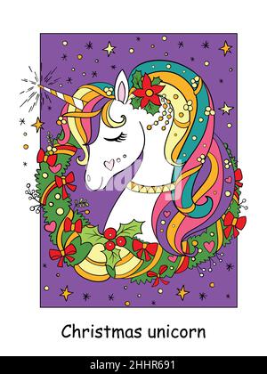 Niedlich und fröhlich niedlichen Kopf von Einhorn mit weihnachtskranz auf einem sternenklaren Hintergrund. Vektorgrafik Cartoon-Illustration. Für Karte, Druck, Design, Aufkleber, d Stock Vektor