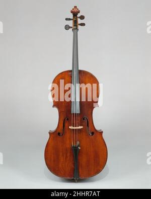 Violoncello Mitte des 19th. Jahrhunderts Jean Baptiste Vuillaume Französisch Jean-Baptiste Vuillaume (1798-1875) gilt als der beste und wichtigste Geigenbauer des 19. Jahrhunderts. Er machte über 3.000 Instrumente und führte viele Experimente durch, darunter einen riesigen dreisaitigen 'Octobass', der über 11 Fuß hoch stand.Beschreibung: Fichtendecke in 2 Stücken mit mittlerer Kornweitung, die sich nach den Seiten ausdehnend; 2-teilig Ahornboden mit nach den Seiten abfallender Figur; passende Ahornrippen; Hals möglicherweise nicht original; An den Hals gepfropft; orange-brauner Lack. Hören Sie zu, wie Experten dieses Kunstwerk beleuchten Stockfoto